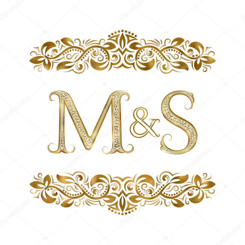 M and S vintage initials logo symbol. The letters are surrounded by ornamental elements. Wedding or business partners monogram in royal style.