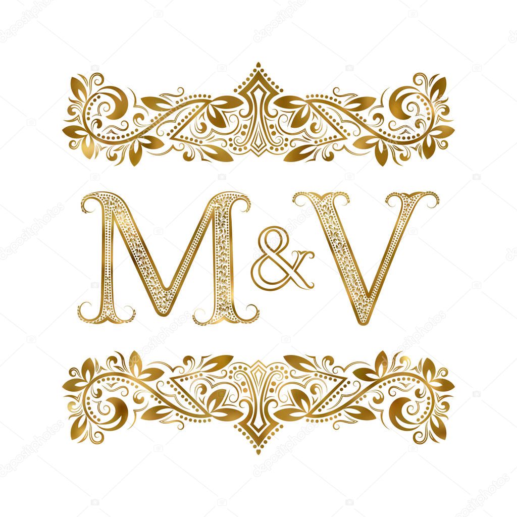 M and V vintage initials logo symbol. The letters are surrounded by ornamental elements. Wedding or business partners monogram in royal style.