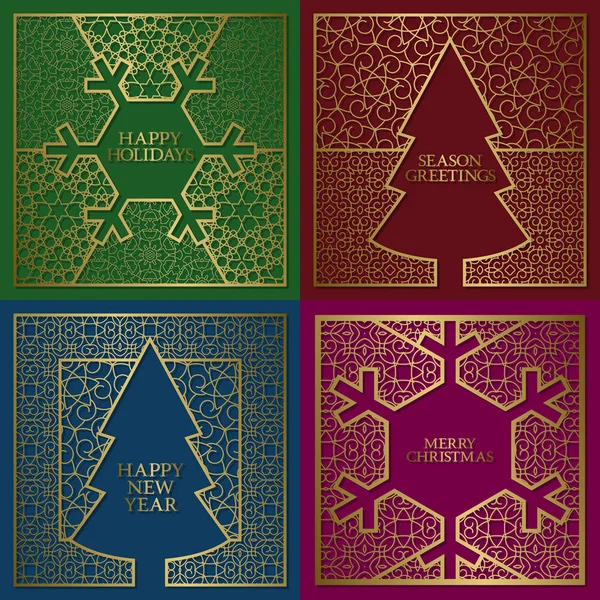 Ensemble de cartes de voeux pour la saison hivernale. Arrière-plans dorés avec des cadres en forme de sapin de Noël et de flocon de neige Nouvel An . — Image vectorielle