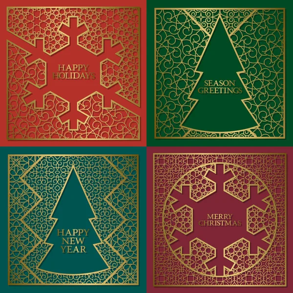 Ensemble de cartes de voeux pour la saison hivernale. Arrière-plans dorés avec des cadres en forme de sapin de Noël et de flocon de neige Nouvel An . — Image vectorielle