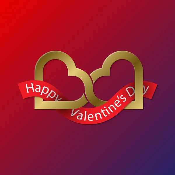 Happy Valentines Day gouden symbool van twee verbonden harten met rood lint. Creatieve embleem voor wenskaart ontwerp. — Stockvector