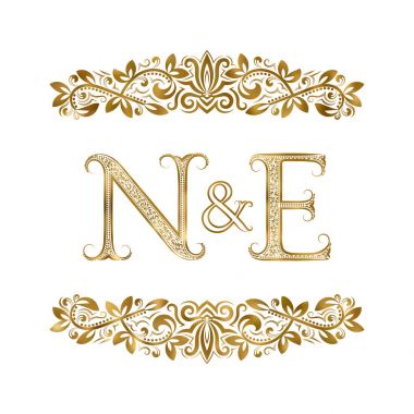 N ve E vintage baş harfleri logo sembolü. Harfleri süs öğeleri tarafından çevrili. Düğün ya da iş ortakları monogram Kraliyet tarzı.