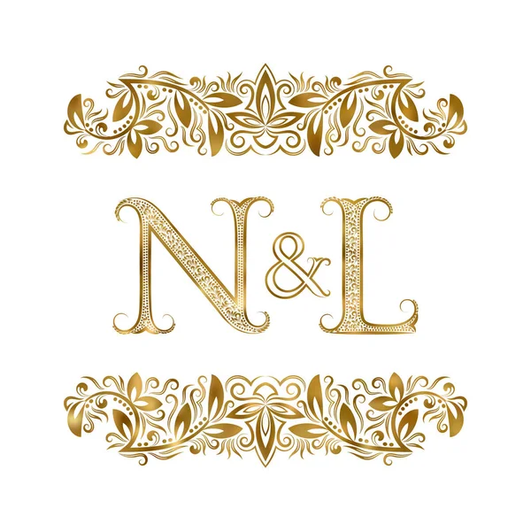 N und l Vintage Initialen Logo-Symbol. die Buchstaben sind von ornamentalen Elementen umgeben. Monogramm von Hochzeits- oder Geschäftspartnern im königlichen Stil. — Stockvektor