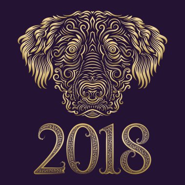 2018 yeni yıl desenli altın dog Head'a ile Çin burç tebrik kartı.