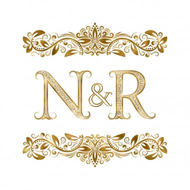 N ve R vintage baş harfleri logo sembolü. Harfleri süs öğeleri tarafından çevrili. Düğün ya da iş ortakları monogram Kraliyet tarzı.