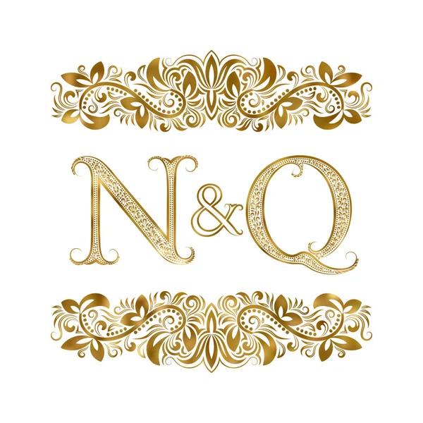 N and Q vintage initials logo symbol. The letters are surrounded by ornamental elements. Wedding or business partners monogram in royal style. — Stock Vector