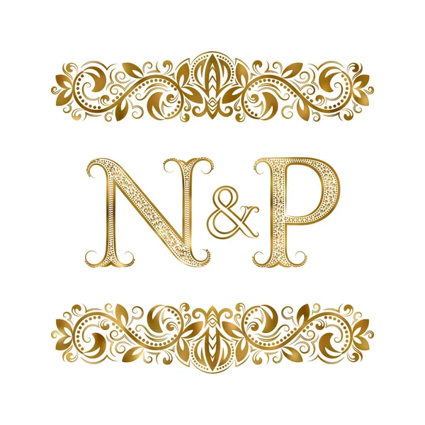 N y P vintage iniciales símbolo del logotipo. Las letras están rodeadas de elementos ornamentales. Boda o socios de negocios monograma en estilo real . — Archivo Imágenes Vectoriales