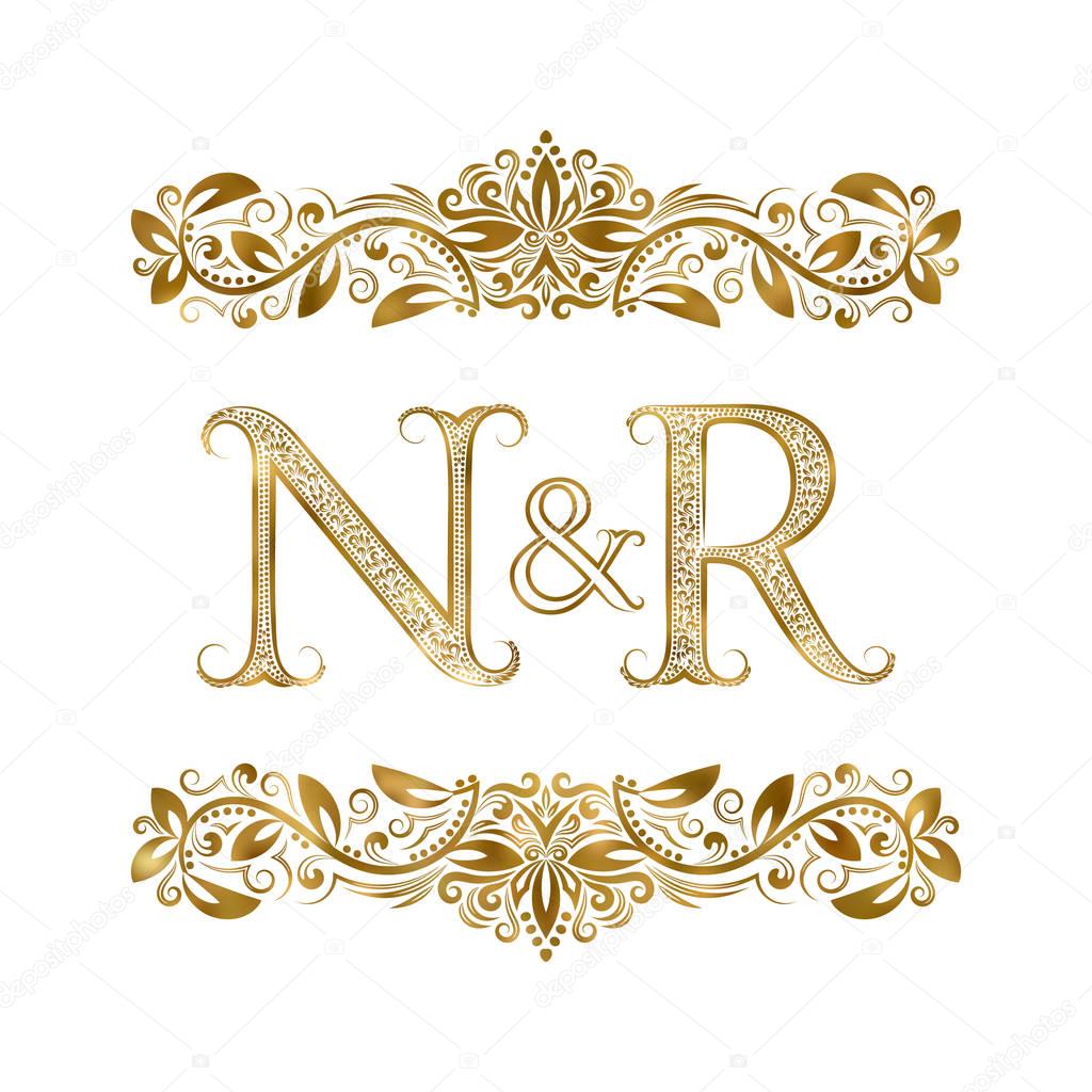 N and R vintage initials logo symbol. The letters are surrounded by ornamental elements. Wedding or business partners monogram in royal style.