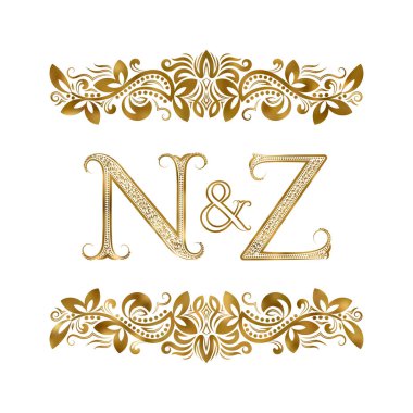 N ve Z vintage baş harfleri logo sembolü. Harfleri süs öğeleri tarafından çevrili. Düğün ya da iş ortakları monogram Kraliyet tarzı.