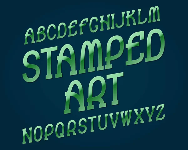 Orazítkované umění písma. Zelené kovové písmo. Izolované anglická abeceda. — Stockový vektor