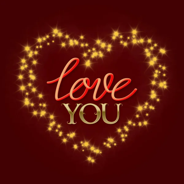 Love You golden and gradient luminous lettering text in stellar stream in heart form. Happy Valentines Day greeting card design. — Stock Vector