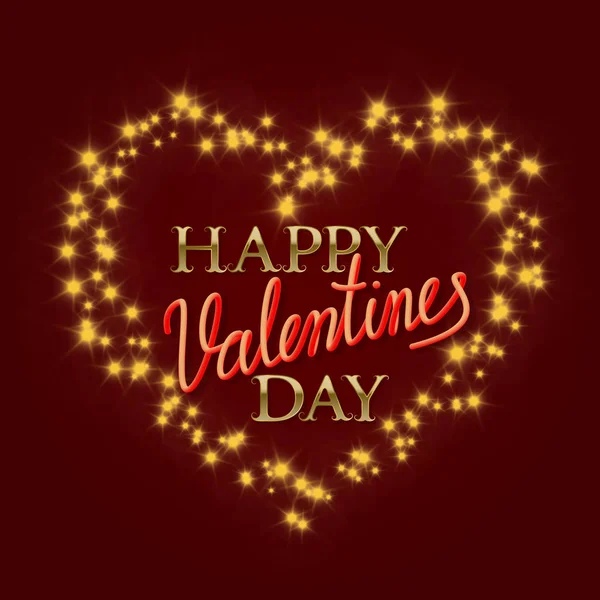 Happy Valentines Day gouden en kleurovergang lichtgevende belettering tekst in stellaire stream in hart vorm. Valentijnsdag wenskaart ontwerp. — Stockvector