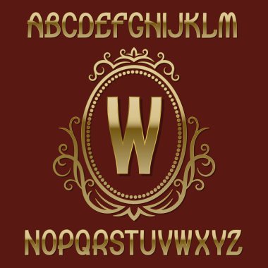 Altın ilk monogram şablonunda çelenk ile eliptik kalkan. Güzel yazı ve logo tasarım öğeleri.