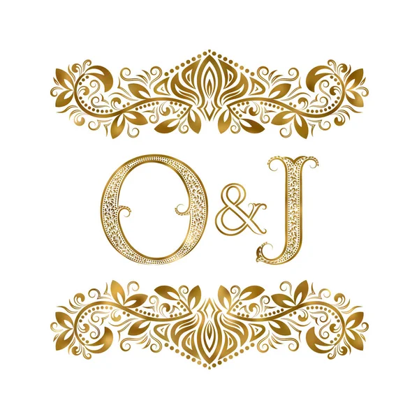 O und j vintage initials logo symbol. die Buchstaben sind von ornamentalen Elementen umgeben. Monogramm von Hochzeits- oder Geschäftspartnern im königlichen Stil. — Stockvektor