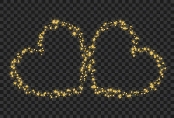 Silueta de dos corazones sobre fondo transparente. Estrellas doradas fluyen en forma de símbolo de dos corazones. Día de San Valentín fondo diseño . — Archivo Imágenes Vectoriales
