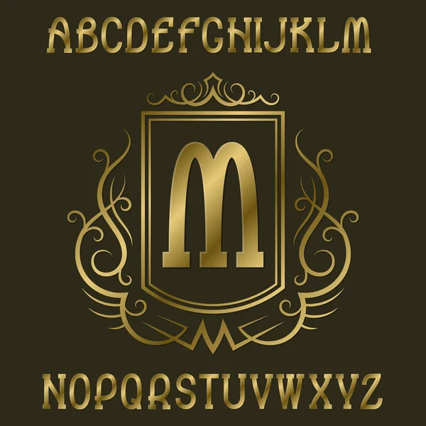 Złote monogram początkowego szablonu na tarczy z wieniec. Piękne elementy projektu alfabet i logo. — Wektor stockowy