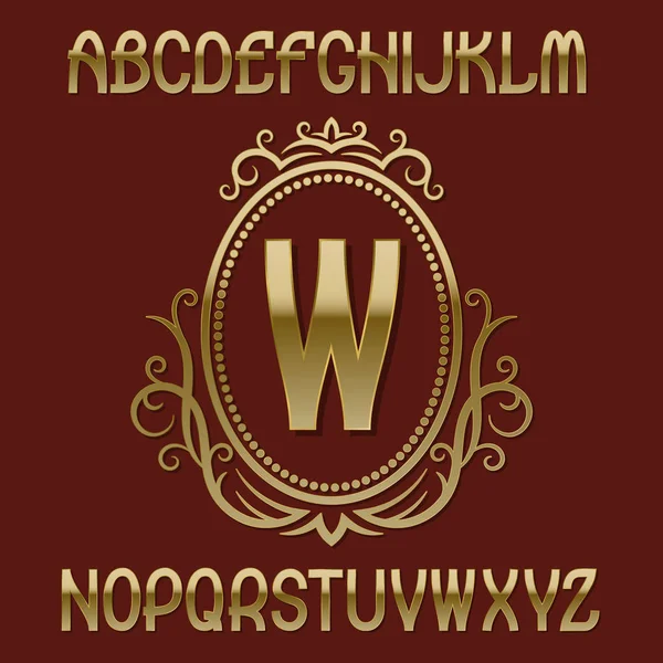 Goldene Monogrammschablone auf elliptischem Schild mit Kranz. schöne Schrift- und Logo-Designelemente. — Stockvektor