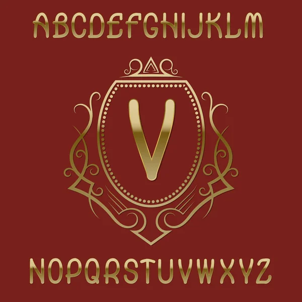 Modelo de monograma inicial dourado no escudo com coroa de flores. Letras elegantes e elementos de design de logotipo . — Vetor de Stock