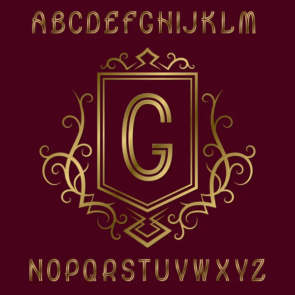 Plantilla inicial de monograma dorado en corona con escudo. Letras elegantes y elementos de diseño del logotipo . — Vector de stock
