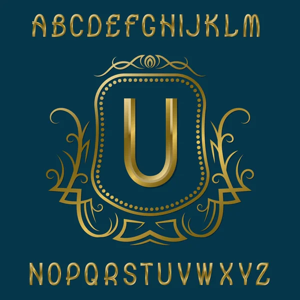 Goldene Monogrammschablone im Kranz mit Schild. polierte Buchstaben und Logo-Designelemente. — Stockvektor