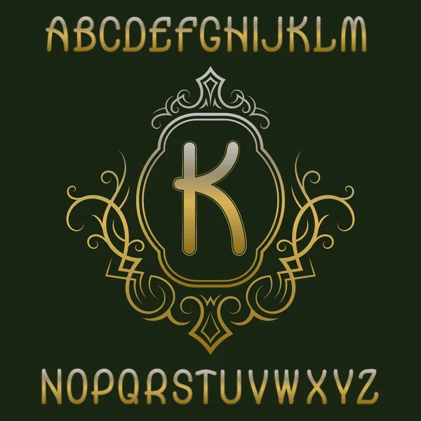 Złote monogram początkowego szablonu w wieniec z tarczą. Stylowe liter i elementów projektowania logo. — Wektor stockowy