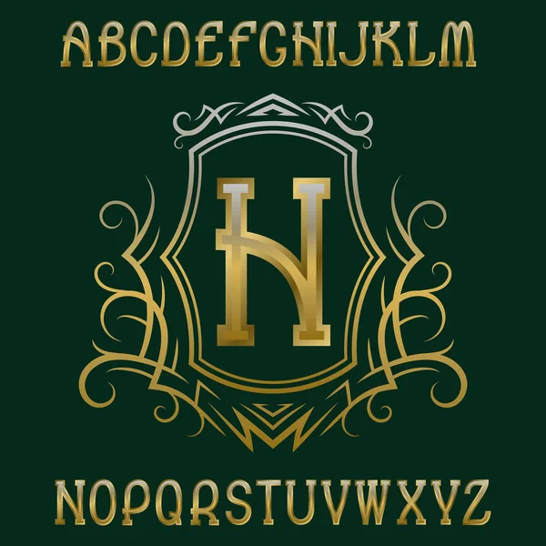 Gyllene inledande monogram mall i krans med sköld. Graciösa alfabetet och logo designelement. — Stock vektor
