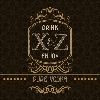 Saf votka etiket tasarım şablonu. Desenli vintage monogram ile seamless modeli arka plan üzerinde metin.