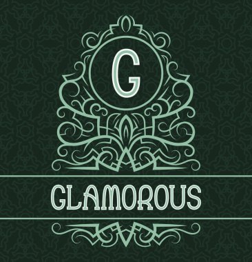 Vintage etiket tasarım şablonu göz alıcı ürün için. Vektör monogram ile desenli arka plan üzerinde metin.