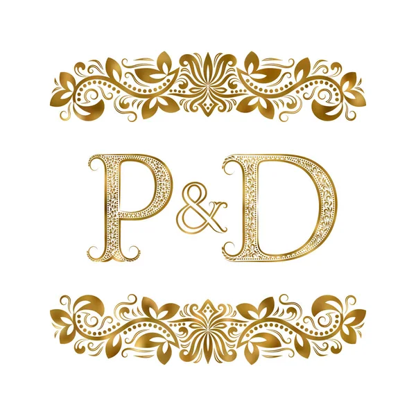 P і D вінтажні ініціали логотип символ. Літери оточені декоративними елементами. Монограма весільних або ділових партнерів в королівському стилі . — стоковий вектор