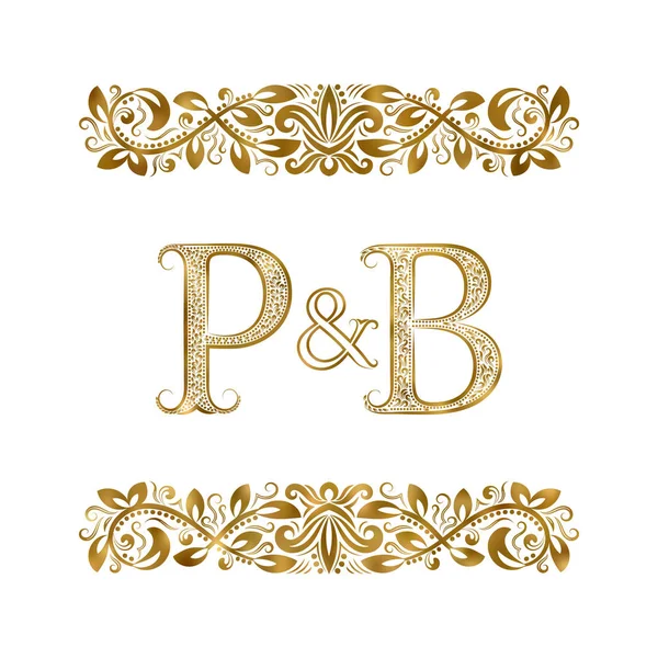 P en B vintage initialen logo symbool. De letters zijn omringd door decoratieve elementen. Bruiloft of zakelijke partners monogram in Koninklijke stijl. — Stockvector