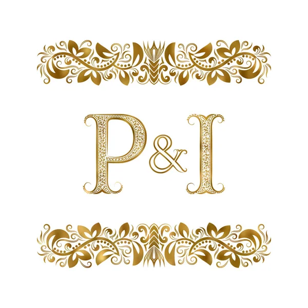 P en I vintage initials logo symbool. De letters zijn omringd door decoratieve elementen. Bruiloft of zakelijke partners monogram in Koninklijke stijl. — Stockvector