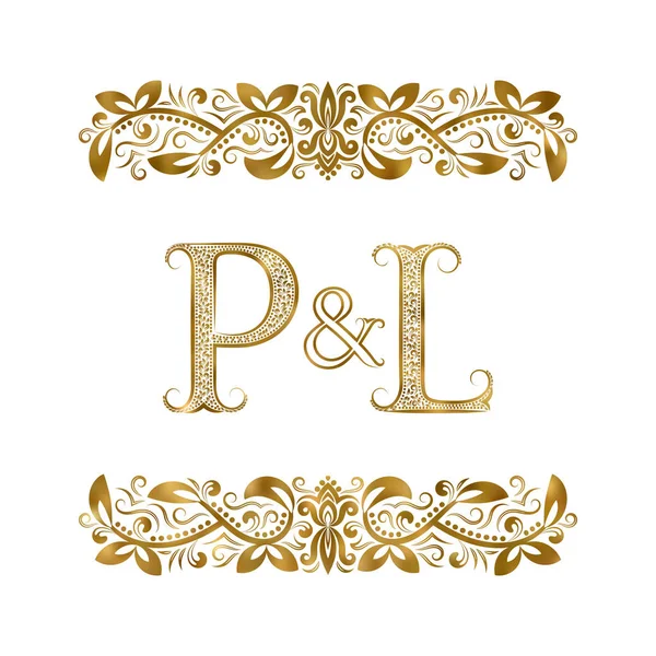 P & L vintage initialen logo symbool. De letters zijn omringd door decoratieve elementen. Bruiloft of zakelijke partners monogram in Koninklijke stijl. — Stockvector