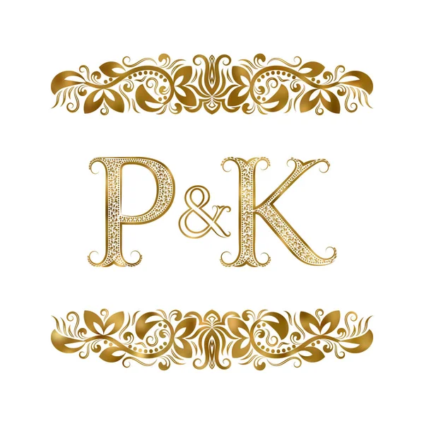 P i K symbol logo vintage inicjały. Litery są otoczone przez elementów ozdobnych. Wesele lub monogram partnerów biznesowych w stylu royal. — Wektor stockowy