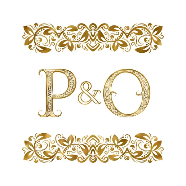 P и O винтажные инициалы логотип символа. Буквы окружены декоративными элементами. Монограмма о свадьбе или деловых партнерах в королевском стиле . — стоковый вектор