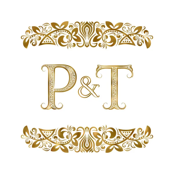 P en T vintage initialen logo symbool. De letters zijn omringd door decoratieve elementen. Bruiloft of zakelijke partners monogram in Koninklijke stijl. — Stockvector