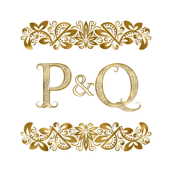 P and Q vintage initials logo symbol. The letters are surrounded by ornamental elements. Wedding or business partners monogram in royal style. — Stock Vector