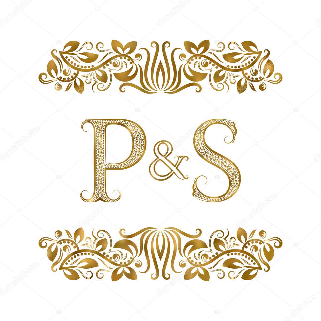 P and S vintage initials logo symbol. The letters are surrounded by ornamental elements. Wedding or business partners monogram in royal style.