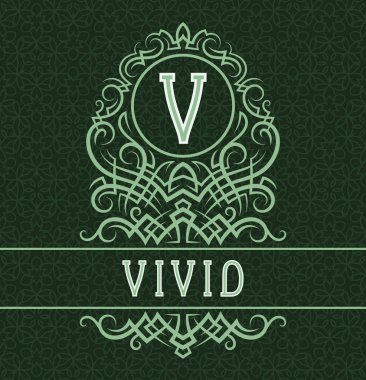 Vintage etiket tasarım şablonu canlı ürün için. Vektör monogram ile desenli arka plan üzerinde metin.