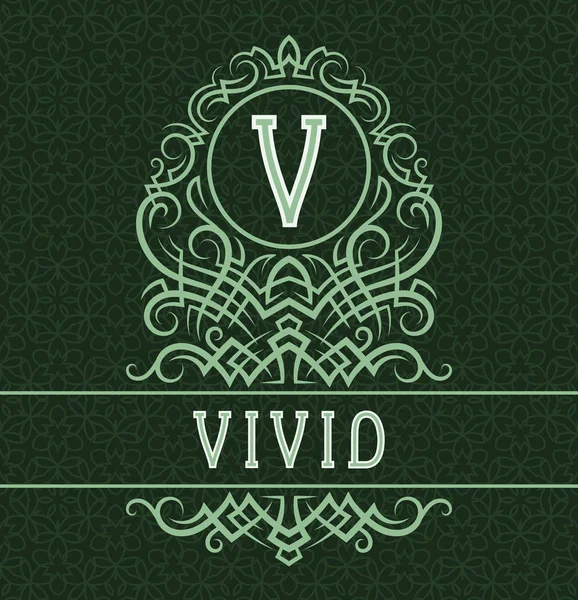 Vintage label design template for vivid product. Vector monogram with text on patterned background. — Stock Vector