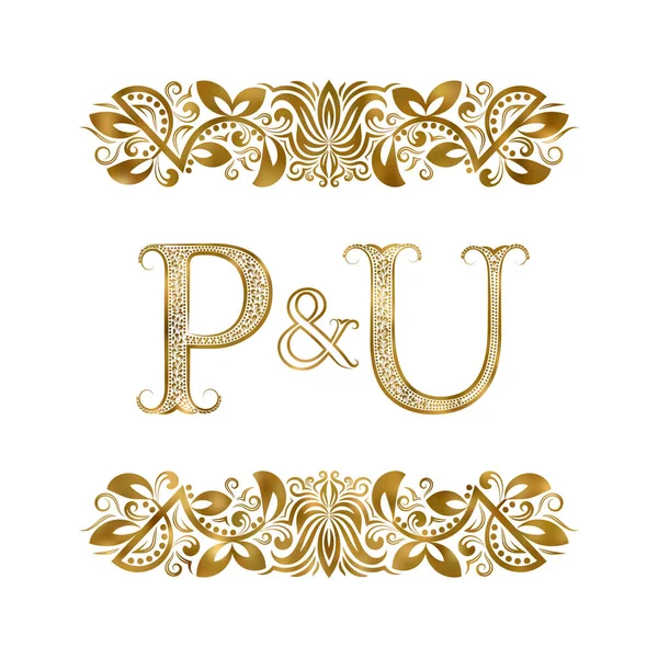 P en U vintage initialen logo symbool. De letters zijn omringd door decoratieve elementen. Bruiloft of zakelijke partners monogram in Koninklijke stijl. — Stockvector