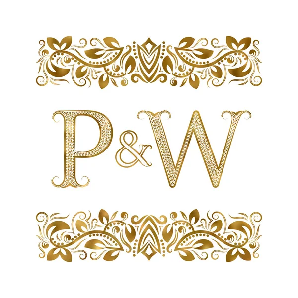 P en W vintage initialen logo symbool. De letters zijn omringd door decoratieve elementen. Bruiloft of zakelijke partners monogram in Koninklijke stijl. — Stockvector