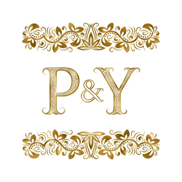 P och Y vintage initialer logotyp symbol. Bokstäverna är omgivna av dekorativa element. Bröllop eller business partners monogram i kunglig stil. — Stock vektor