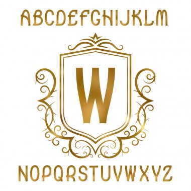 Kalkan çelenk ile ilk monogram altın harflerle. Parlayan yazı ve logo tasarım öğeleri.