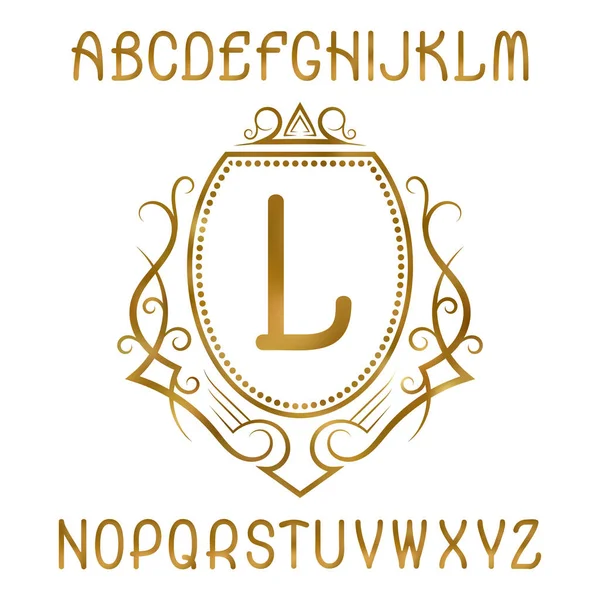 Golden letters with initial monogram on shield with wreath. Shining font and logo design elements. — Stock Vector