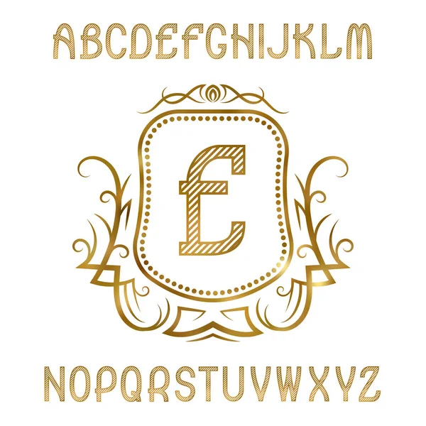 Złote litery paski z monogram początkowego na tarczy z wieniec. Elementy świecące czcionki i logo design. — Wektor stockowy