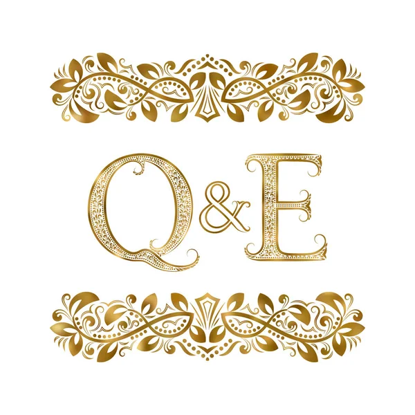 Q and E vintage initials logo symbol. The letters are surrounded by ornamental elements. Wedding or business partners monogram in royal style. — Stock Vector