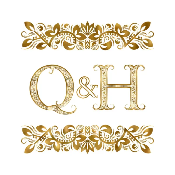 Q και H vintage αρχικά λογότυπο σύμβολο. Τα γράμματα που περιβάλλεται από διακοσμητικά στοιχεία. Γάμο ή επαγγελματίες συνεργάτες μονόγραμμα στο μπαρακι. — Διανυσματικό Αρχείο