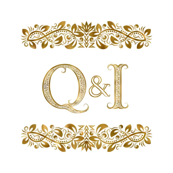 Q and I vintage initials logo symbol. The letters are surrounded by ornamental elements. Wedding or business partners monogram in royal style. — Stock Vector
