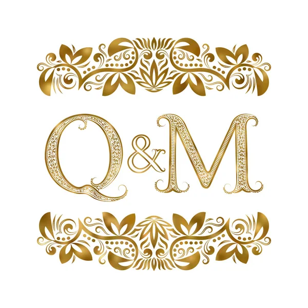 Q και M vintage αρχικά λογότυπο σύμβολο. Τα γράμματα που περιβάλλεται από διακοσμητικά στοιχεία. Γάμο ή επαγγελματίες συνεργάτες μονόγραμμα στο μπαρακι. — Διανυσματικό Αρχείο