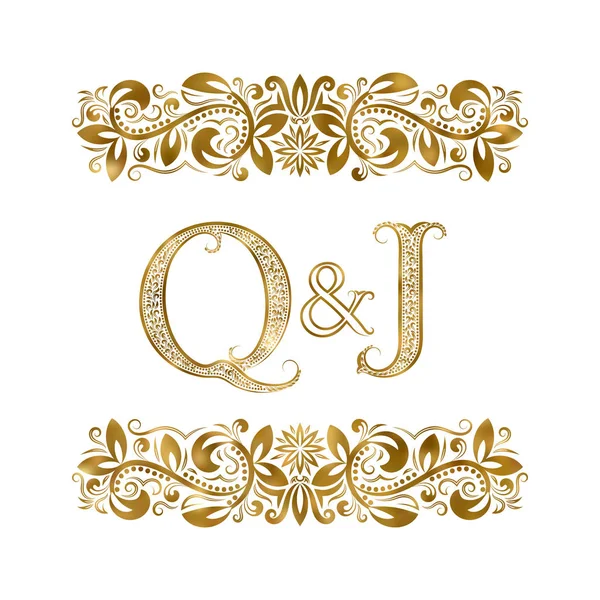 Q και J vintage αρχικά λογότυπο σύμβολο. Τα γράμματα που περιβάλλεται από διακοσμητικά στοιχεία. Γάμο ή επαγγελματίες συνεργάτες μονόγραμμα στο μπαρακι. — Διανυσματικό Αρχείο